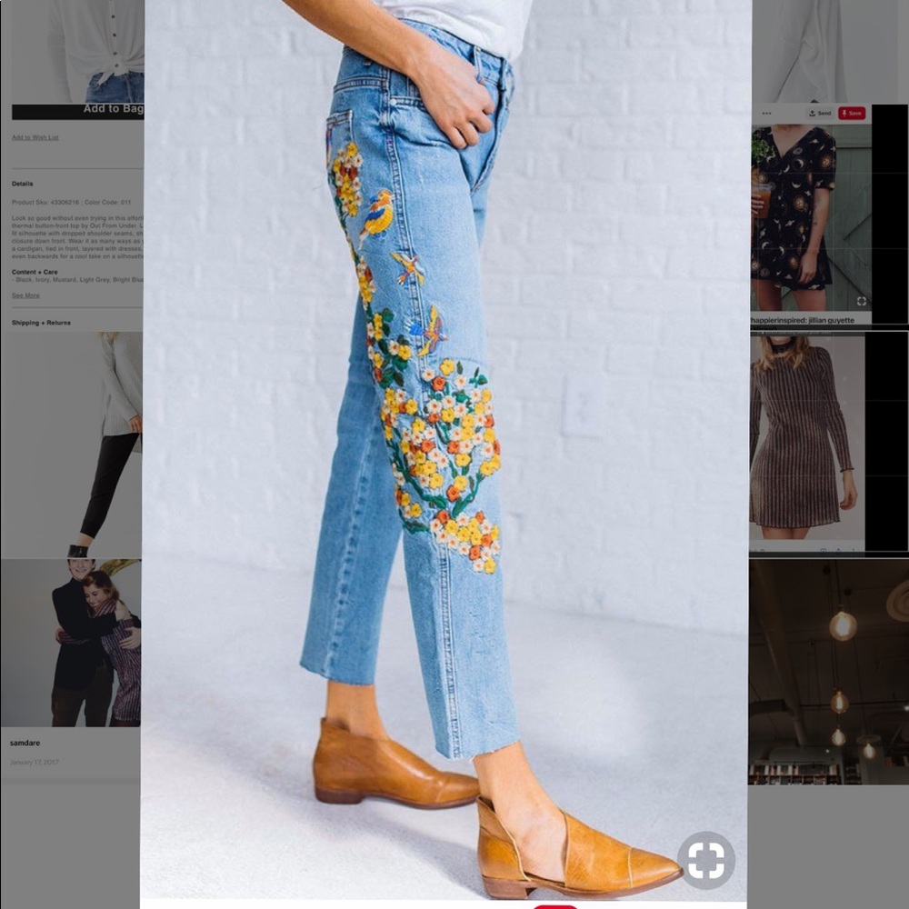 Free People Blue Floral Embroidered Cropped Jeans